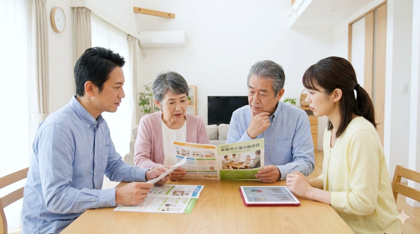 高齢の親の施設選びについて、資料を見ながら話し合う日本人の家族の様子。有料老人ホームと特養の違いを比較検討している。