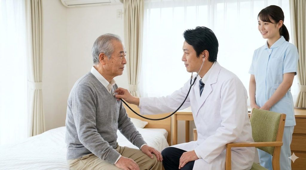 穏やかな表情の日本人医師が、アットホームな居室で高齢男性に訪問診療を行っている様子。有料老人ホームでの医療体制をイメージ。