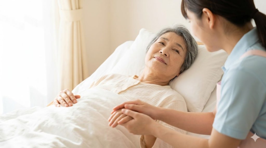 施設内の個室にて、穏やかな表情で休む高齢女性の手を握り、見守る日本人介護職員の様子。温かい雰囲気での看取りケアを表現。