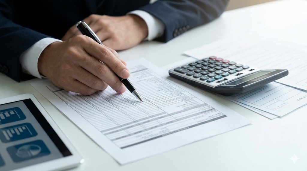 専門家による有料老人ホームと特養の費用シミュレーション。デスクに広げられた資料、電卓、ペンを持つ日本人の専門家の手元。