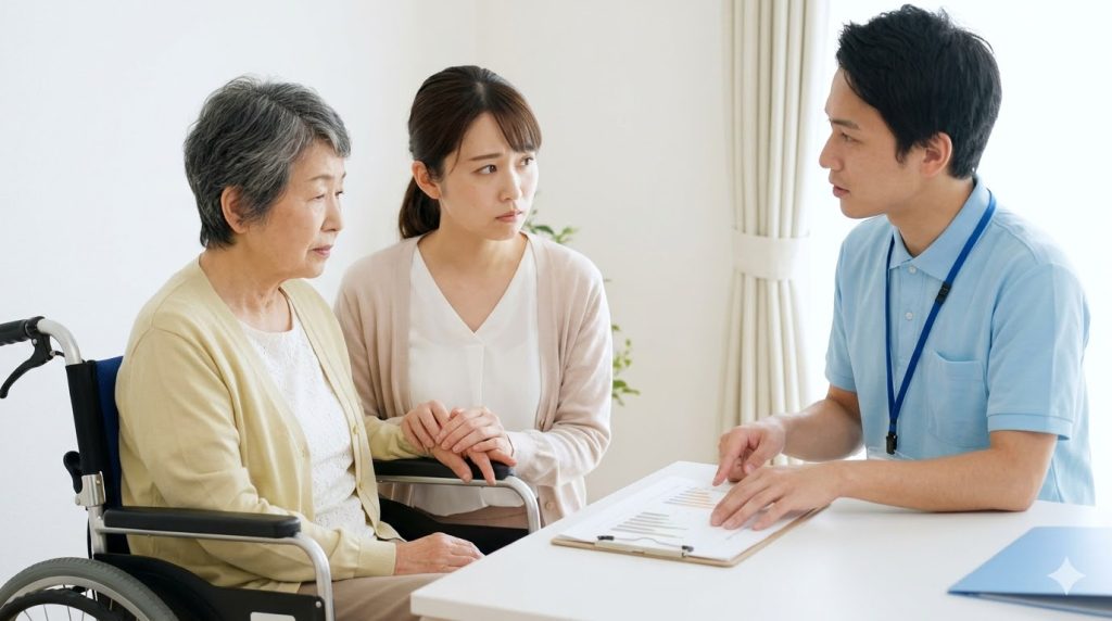 日本人のケアマネージャーに施設選びの相談をする高齢女性と娘。特養の待機期間や有料老人ホームの費用リスクなどのデメリットと対策について話している。