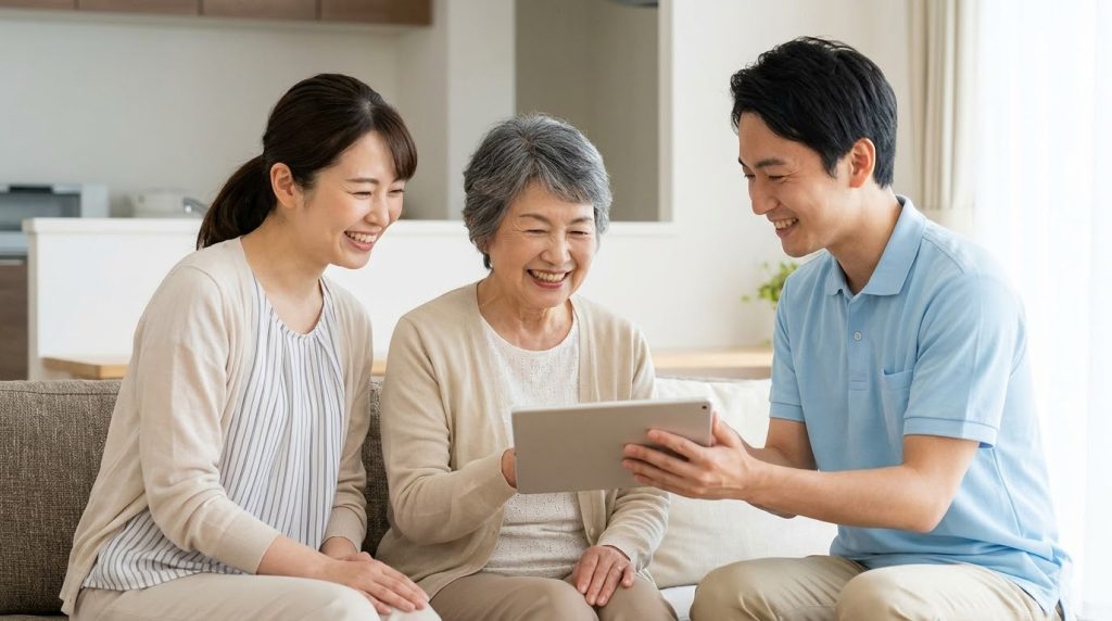 施設内の共有スペースにて、笑顔でリラックスする日本人高齢女性と娘、そして介護職員。有料老人ホームと特養の違いを理解し、最良の「終の棲家」を見つけた幸せな様子。