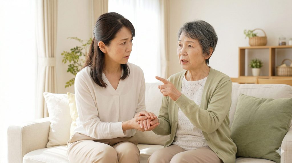 造語症の症状がある高齢女性と寄り添う家族