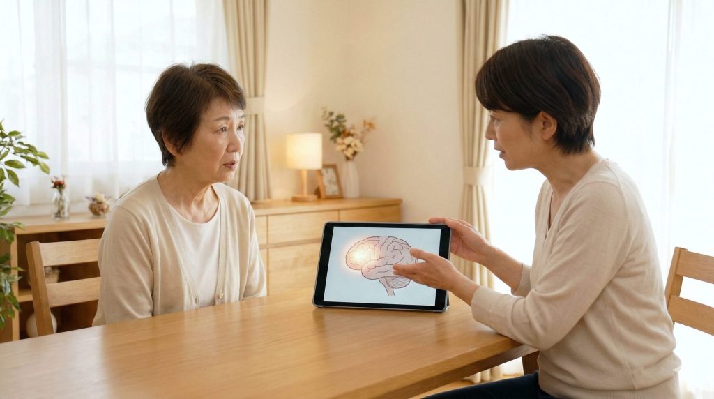 脳のイラストを用いて母に認知症について説明する娘