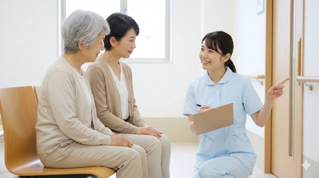 病院の待合室で看護師から案内を受ける高齢女性と娘