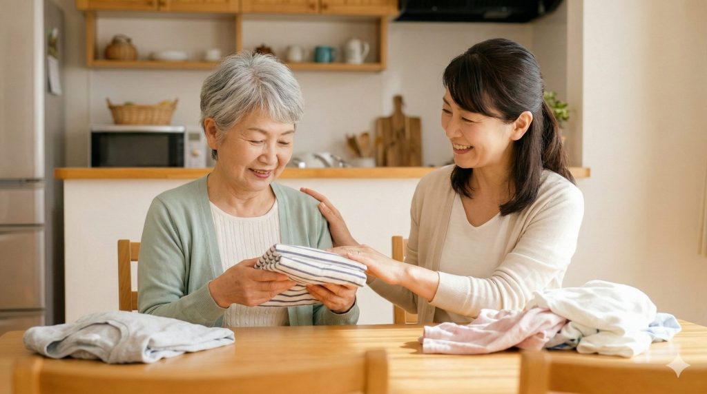 洗濯物を畳む母を褒めて役割作りを支える娘