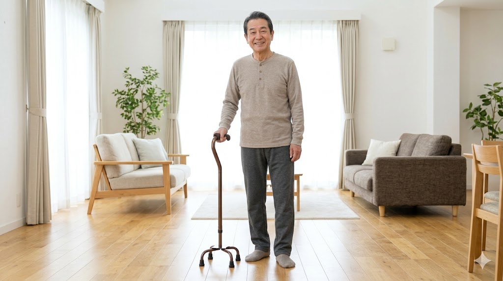 4点杖を正しく持ち、自宅の居間で安定して立つ日本人男性の様子