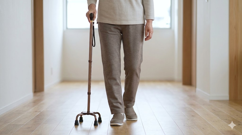 4点杖と痛い方の足を同時に前に出す、基本の3動作歩行を実践する日本人女性