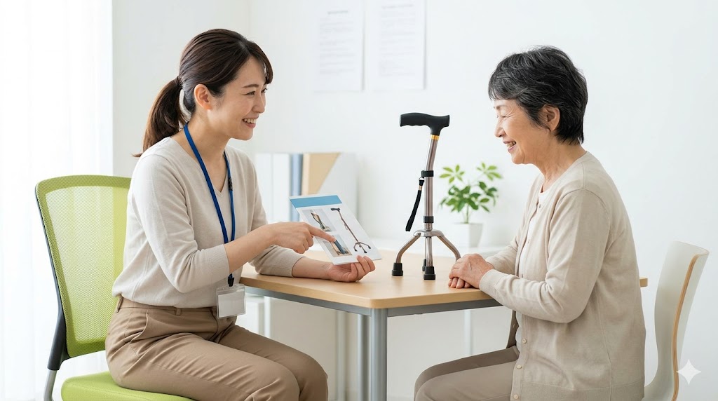 介護保険を利用した福祉用具レンタルについてケアマネージャーに相談する日本人高齢女性の様子