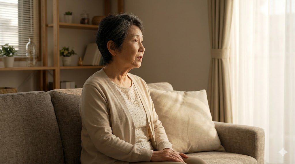 認知症の症状である独語(病的独語)を表現するイメージ。ソファで一人、不安そうな表情でブツブツとつぶやく高齢の日本人女性。