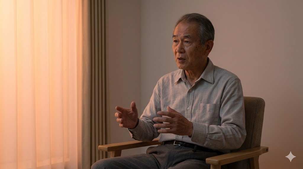 独語の心理的背景(不安、孤独感)を表現するイメージ。夕暮れ時の室内で、独り、何かに怯えながら、あるいは誰かに話しかけるように独り言を言う高齢の日本人男性。