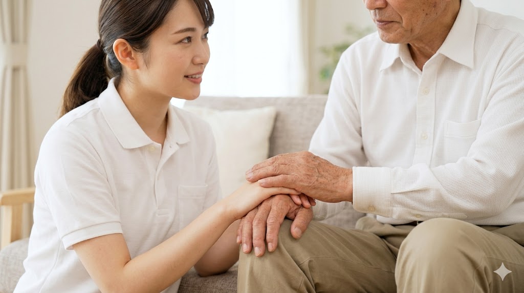 認知症のSOSである独語への適切な対応。安心感を与えるコミュニケーションとして、正面から視線を合わせ、優しく手を握る様子。