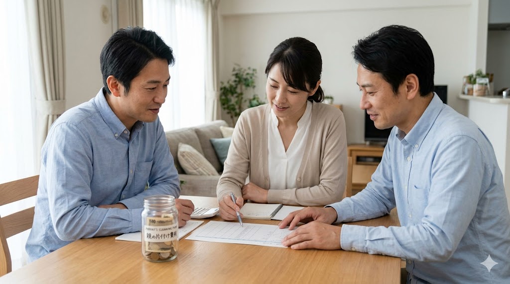思い入れのある日本の伝統的な人形を、供養（お焚き上げ）のために丁寧に箱へ収める高齢の父親と優しく見守る娘。実家の片付けにおける特殊な物品の処分手続き