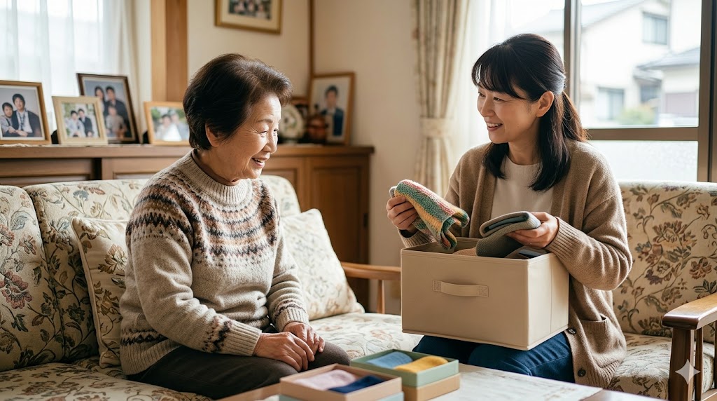 ケアマネジャーのあつしが解説する、実家の片付け費用を誰が払うか揉めないための兄弟間での話し合い。親の資産を必要経費とする納得感を形成するシーン。