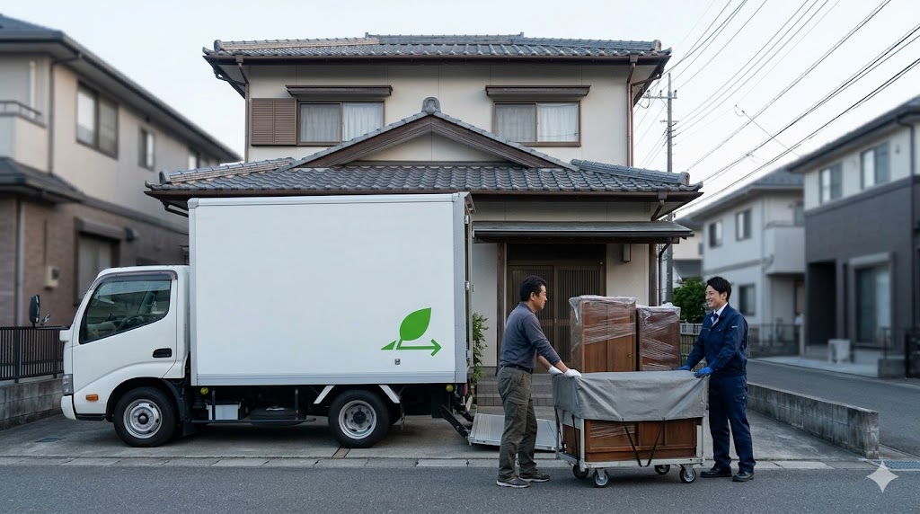 実家の片付けで、家族で仕分けた後の大型家具や家電、大量のごみだけを不用品回収業者へピンポイントに依頼し、トラックへ積み込む様子。費用と労力を抑える効率的な業者利用。