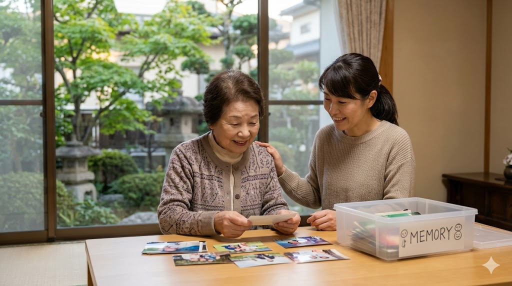 小さなスペースの片付けに成功して笑顔で思い出の写真を整理する高齢の母親と娘。実家の片付けを前向きな機会にする。