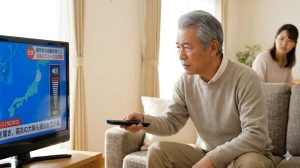 テレビの音量を上げるためにリモコンを握る、ソファに座ったアジア人の高齢男性のクローズアップ。テレビ画面には大音量を示すインジケーターが表示されている。