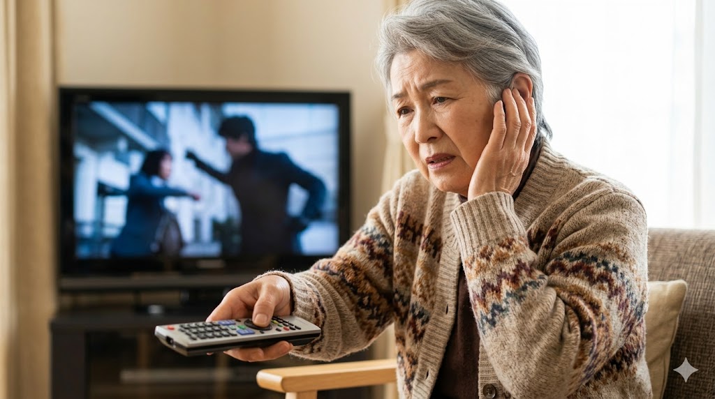 リビングルームで、耳に手を当てながら少し困った表情でテレビのリモコンを操作する、加齢による難聴が疑われる日本人の高齢女性。