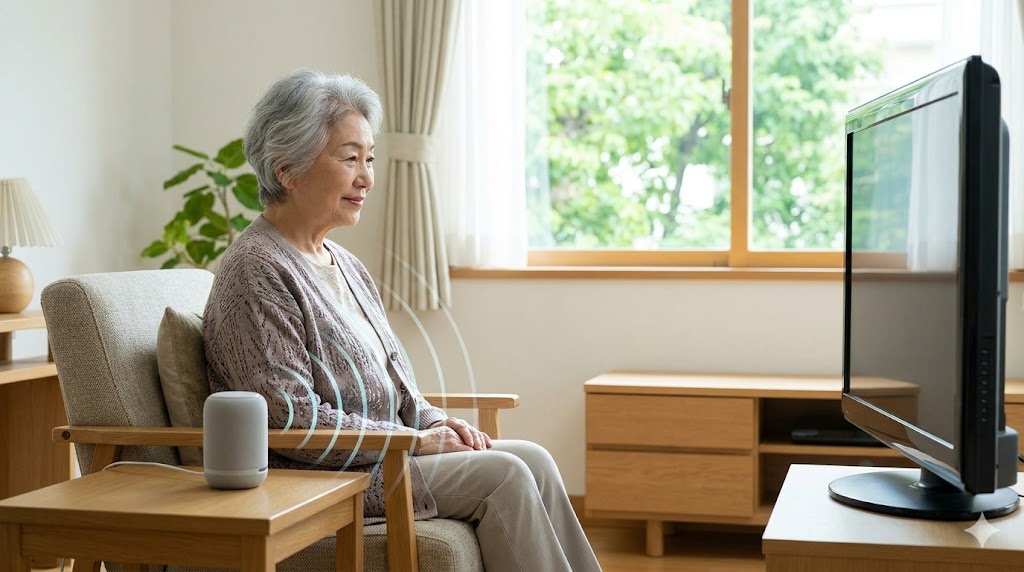 日本人の高齢女性が、自分の近く(手元)に置かれたワイヤレススピーカーから出る音で、快適にテレビを見ている様子。テレビ本体の音量は抑えられている。