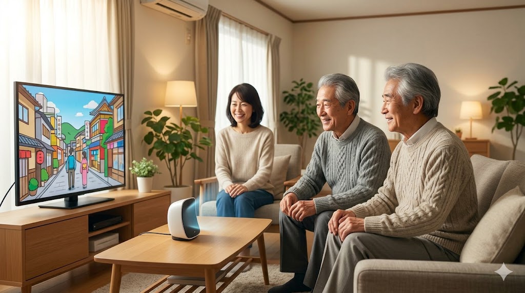 テレビの前に置かれた、特殊な曲面サウンド技術を持つスピーカー。高齢男性がそのスピーカーから出るクリアな音で、他の家族とうるさくない音量で一緒にテレビを楽しんでいる。