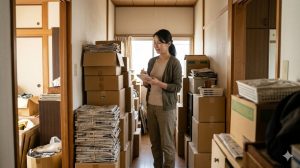 実家の片付けに悩む娘。大量の荷物に囲まれ、途方に暮れる日本人女性の様子。