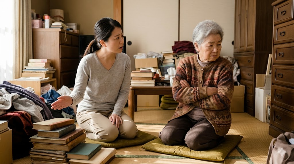 実家の片付けで衝突する親子。説得しようとする娘と、思い出の品を手放すのを拒む高齢の母親。