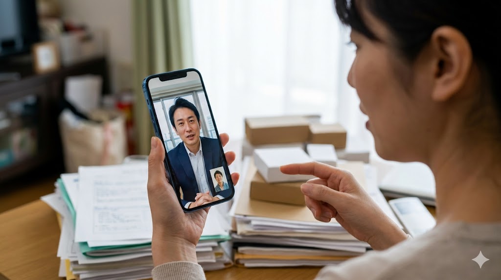 実家の片付け状況を遠方の兄弟と共有。スマートフォンで現地の様子をリアルタイムにオンライン相談する日本人女性。