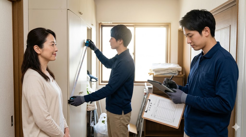 実家の片付け業者による現地見積もり。荷物の量を正確に計測し、娘に説明する優良業者のスタッフ。