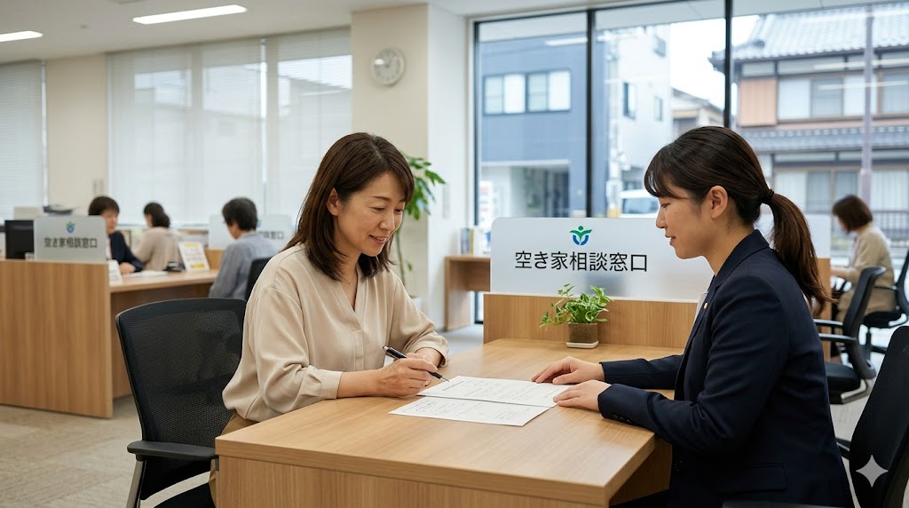 空き家となった実家の相談。自治体の窓口で、空き家対策や補助金について職員に相談する日本人女性。