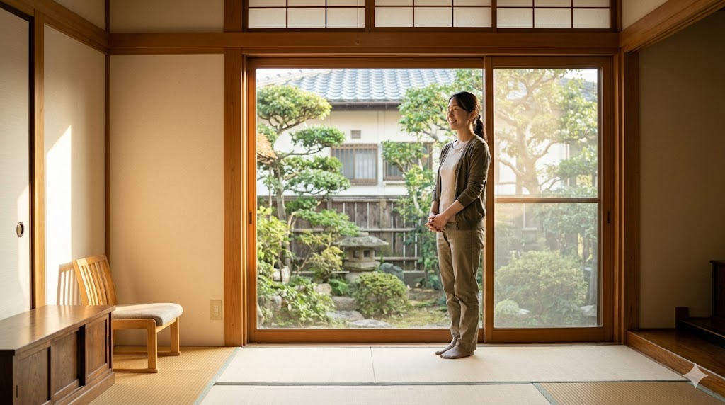 実家の片付けが完了し、スッキリした部屋。窓から庭を眺め、安らぎを感じる日本人女性。