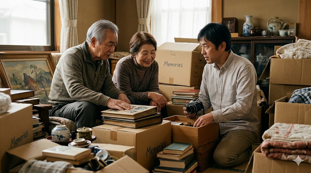 実家の片付けに悩む日本の家族。思い出の品々に囲まれ、親子で対話する様子。