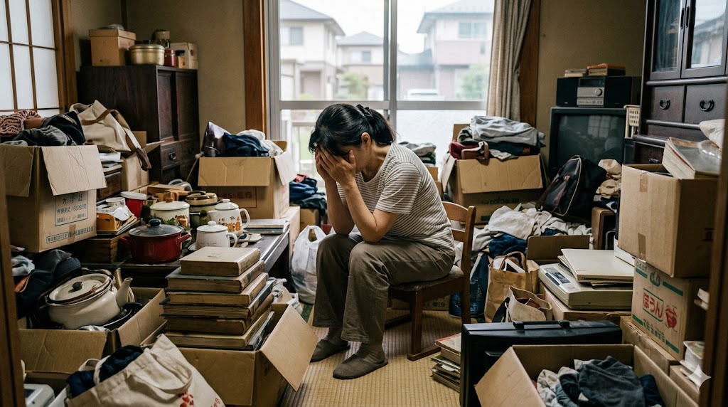 実家の膨大な荷物を前に、疲れ果てて座り込む日本人女性。終わらない作業への徒労感。