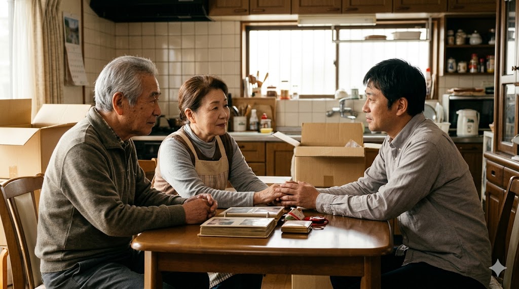 日本の実家のリビングで、座って親の手を握りながら、穏やかな表情で対話する息子。親子の絆を大切にするアプローチ。