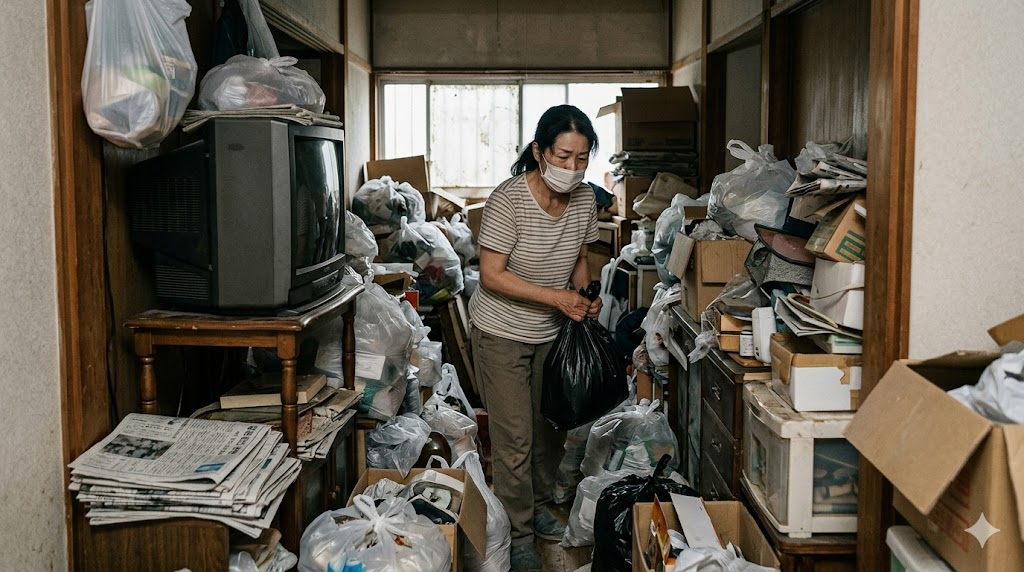 物で溢れかえり、ゴミ屋敷化し始めた日本の実家。古いテレビや家具、大量の袋が廊下を塞ぐ。