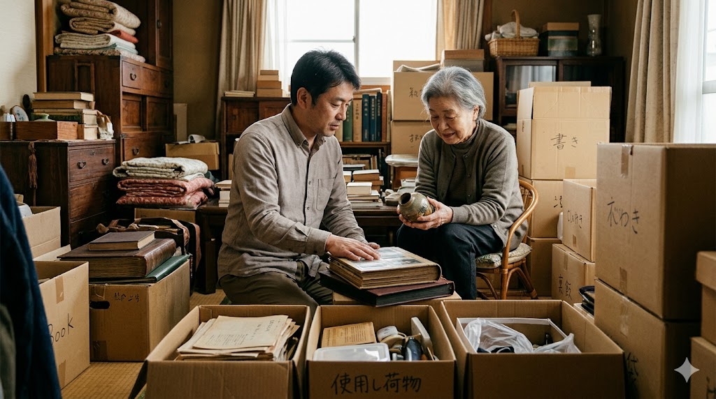 日本の実家のリビングで、段ボール箱を前に荷物の仕分け方を計画する親子。効率的な片付けの第一歩。