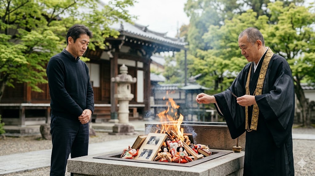 日本のお寺の境内で、お焚き上げ供養を見守る男性。故人の遺品を丁寧に送り出す儀式。