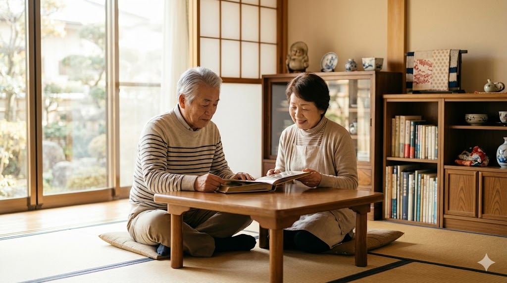 片付けが完了し、すっきりと整理された実家のリビング。日本の老夫婦が穏やかに過ごす安全な環境。