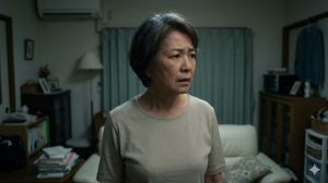 薄暗い居間で混乱し、不安な表情を浮かべる認知症の高齢女性。無意識下のエネルギーが引き起こす行動。