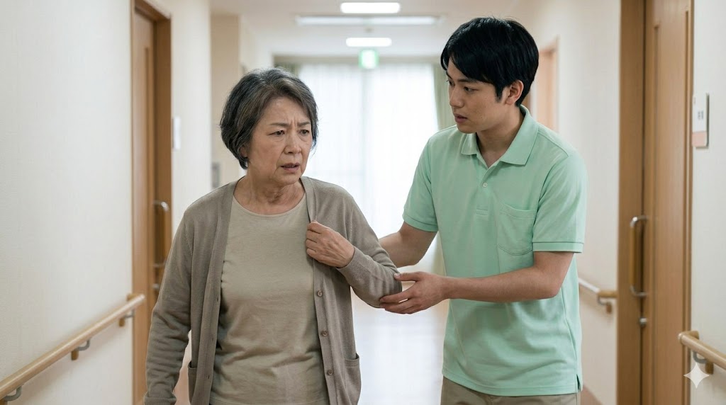 男性職員が優しく見守り、対応する。前頭葉機能低下によるBPSDの表れ。