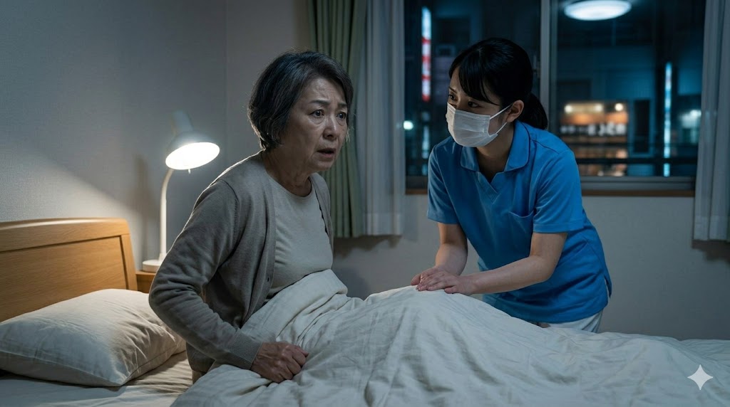 看護師が脈を測り、せん妄の状態を確認する。身体的不調が引き金となる欲動の暴走。