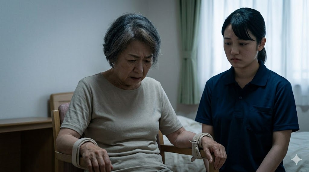 絶望と葛藤の表情を浮かべる。傍らに立つ職員も葛藤する。身体拘束がもたらす悪循環と倫理的課題。
